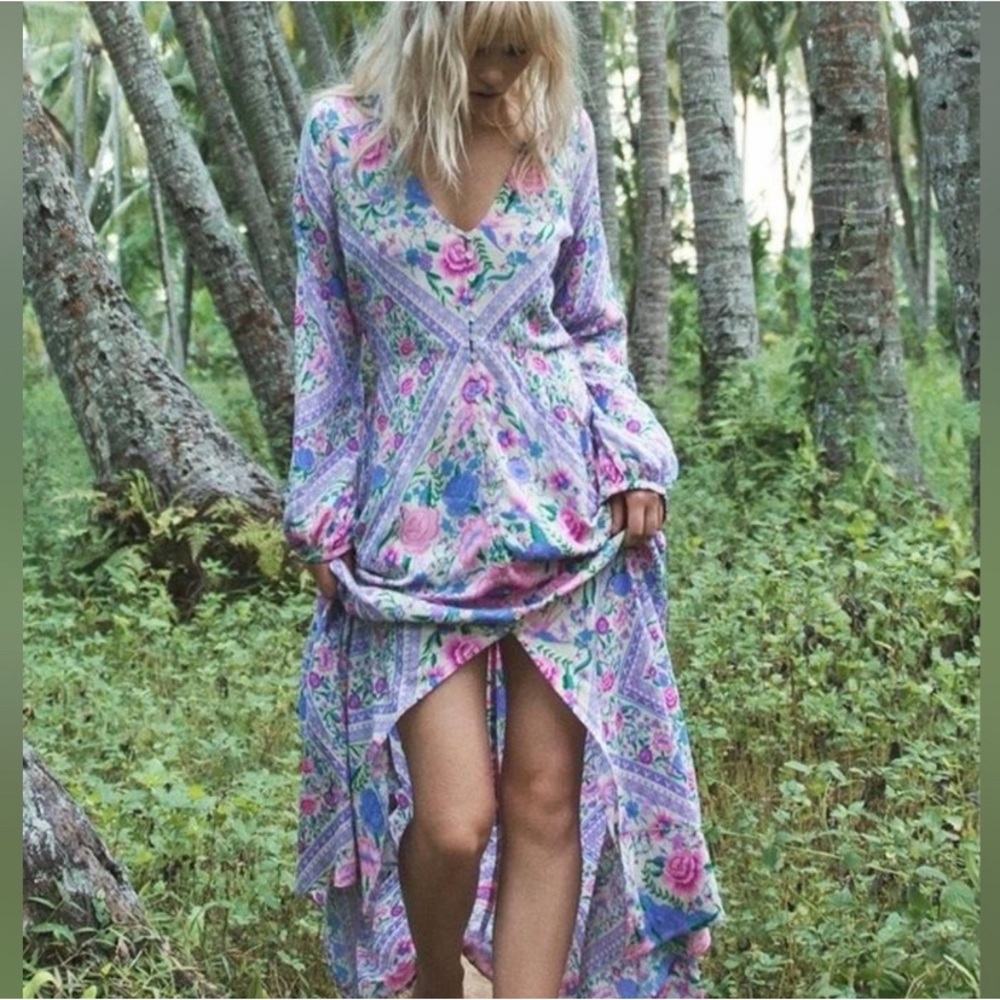 SPELL RARE Babushka Purple and Pink Tiered High-Low Sundress with Bishop Sleeves